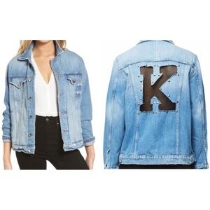 GOOD AMERICAN‎ Denim Trucker Jacket M/L Light Wash Distress Fade Mesh “K” Studs